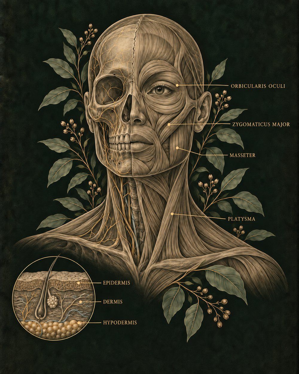 Ninth Remedy artwork: an anatomical illustration of the face and neck musculature with a skin cross-section inset, framed by dark botanical leaves.
